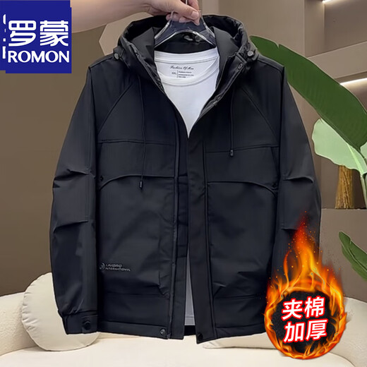 ROMON autumn and winter new men's assault quilted jacket 2025 thickened windproof workwear hooded two-cotton jacket black thick quilted XL recommended weight 135-150Jin Jin equals 0.5 kg