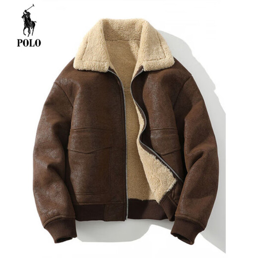 Paul fur all-in-one jacket men's jacket lamb wool jacket plus velvet thickened suede leather jacket motorcycle flying style retro coffee M