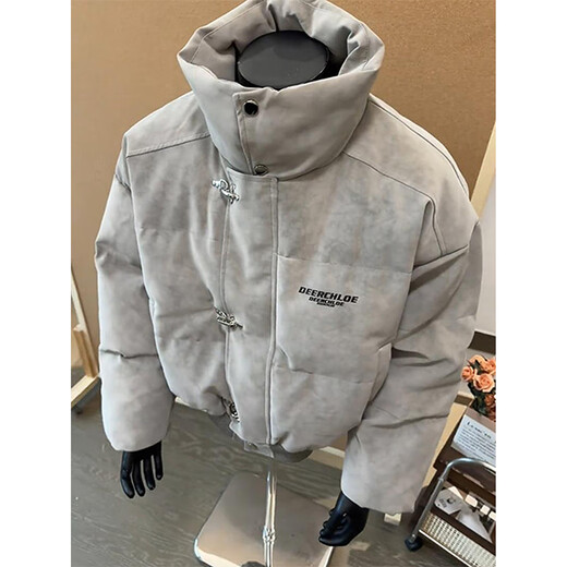 Katuchi tie-dyed PU leather down jacket men's winter thickened cotton coat high-neck cotton coat American trendy brand short cotton jacket gray XL