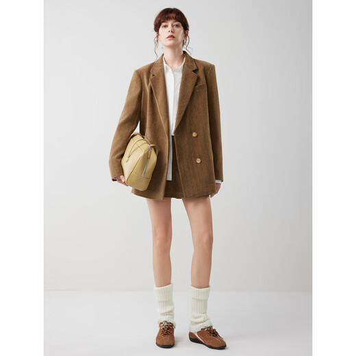 ELLE Caramel Warm Brown French Contrast Corduroy Suit Jacket Women's 2025 Winter New Silhouette Suit Light Brown S