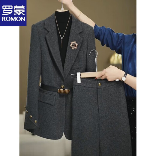 ROMON High-end Internet Celebrity Woolen Suit Women's 2025 Winter Style Commuting Slim Jacket + Wide Leg Pants Dark Gray Two-piece Set XL Recommended 115-125 Jin Jin equals 0.5 kg