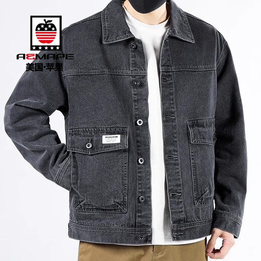 AEMAPE Men's Denim Jacket Men's Spring and Autumn 2025 New Men's Loose Large Size Youth Workwear Jacket Men's Top Men's MS301 Black Gray Regular XL Recommendation 150-170Jin Jin is equal to 0.5 kg