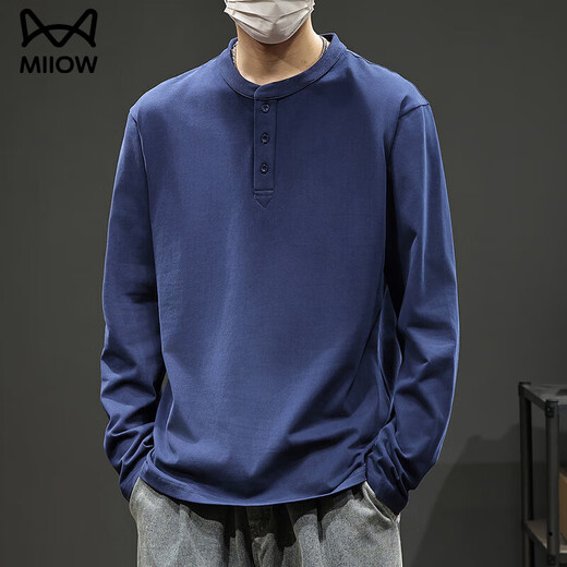 MiiOW Pure Cotton Bottoming Shirt Autumn Men's Top T Spring Autumn Style American Retro Teen Henley Collar Casual Long Sleeve T-Shirt Active Black XL