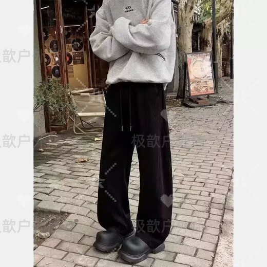 Tanbeiman Willow Leaf Cut Pants 3D Crotch Scimitar Sweatpants Men's Autumn and Winter American Style Handsome Feeling ootd Lift Flared Pants Black M