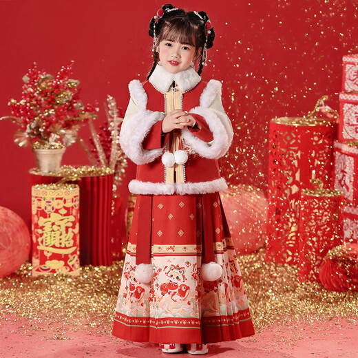 Nisha Beier Girls Hanfu Chinese Style Winter Clothes Horse Face Skirt Set 2025 New Costume Children's Year of the Snake Red 120
