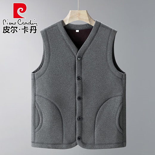 Pierre Cardin thickened velvet V-neck vest winter middle-aged and elderly grandfather vest vest dad polar fleece sleeveless jacket dark gray L