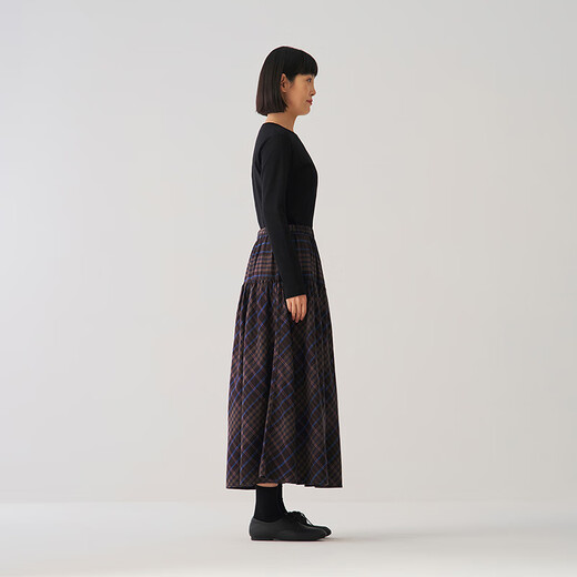 MUJI Women's Flannel Pleated Skirt Long Skirt Women's Skirt Women's Fall 25 BE1D1C5A Brown Plaid M