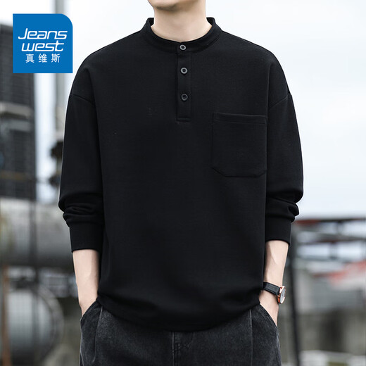 Jeanswest Fashionable Simple Pullover Sweatshirt 2025 New Autumn and Winter Loose Casual Henley Collar Top Men's Trendy Bottoming Shirt Black M Recommended 110-115Jin Jin equals 0.5 kg