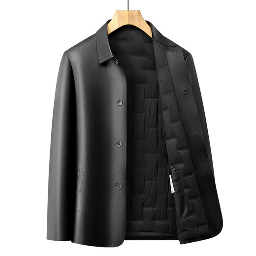 KBXNG Jinba men's 2025 winter new leather jacket lapel button solid color with duck down warm and versatile jacket black XL recommended 130-150Jin Jin equals 0.5 kg