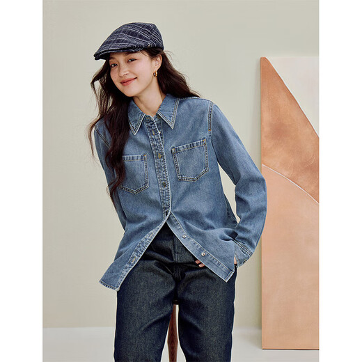 Inman 2026 spring women's new style retro fashion pure cotton denim shirt versatile washed loose long-sleeved shirt denim blue XL