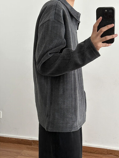 Dark gray wheat ear pattern polo shirt sweatshirt men's autumn heavy jacquard lapel long-sleeved T-shirt American Henry shirt dark gray upgraded version M