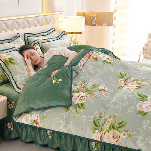Mercury series milk velvet four-piece set for winter thickened coral velvet 2025 new double-sided flannel quilt cover bed skirt bedding pattern sentiment thickened and warm anti-static hot at the touch 1.5/1.8m bed skirt style four-piece set-quilt cover 200*230