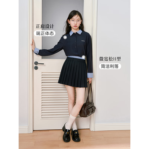 Lady Bird Navy Long Sleeve Shirt Women's Commuting Casual Top Workplace Slim Right Shoulder Anti-Wrinkle Shirt