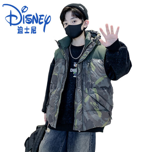Disney Boys Winter Down Vest Autumn and Winter 2025 Children's Winter Vest Outerwear Big Children Thickened Camouflage Jacket Green 120 cm
