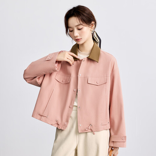 INMAN Pure Cotton Revealable Jacket Women's 2025 Autumn Loose Fashionable Contrast Color Lapel Work Jacket Top Lotus Pink S