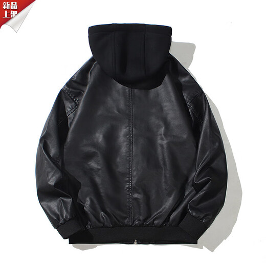 HKWZ Men's Hooded PU Leather Jacket Motorcycle Hooded Men's Youth Leather Jacket Cotton Autumn and Winter Thickened Jacket Leather Jacket Black M