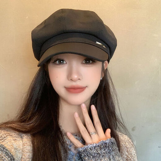 Pu Lian beret women's spring and summer octagonal hat versatile 24 new style big head circumference showing face small Korean printmaker cap peaked cap beret black one size