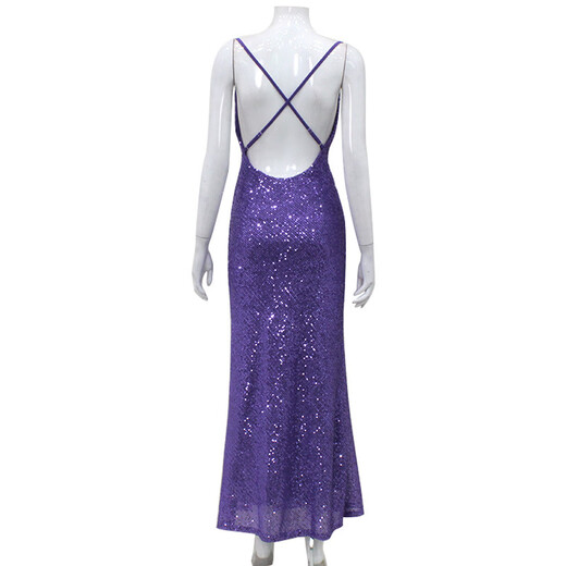 Manyu pure light luxury sequined evening dress European and American sexy low-cut backless suspender skirt slim and elegant fishtail skirt purple ready stock S