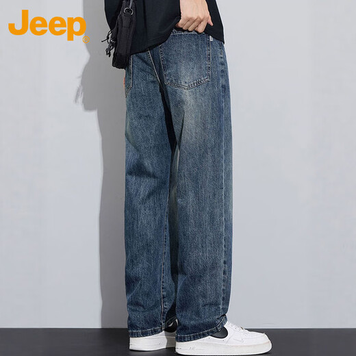 JEEP jeans men's autumn and winter straight casual pants men's loose wide-leg pants stretch nostalgic blue 33