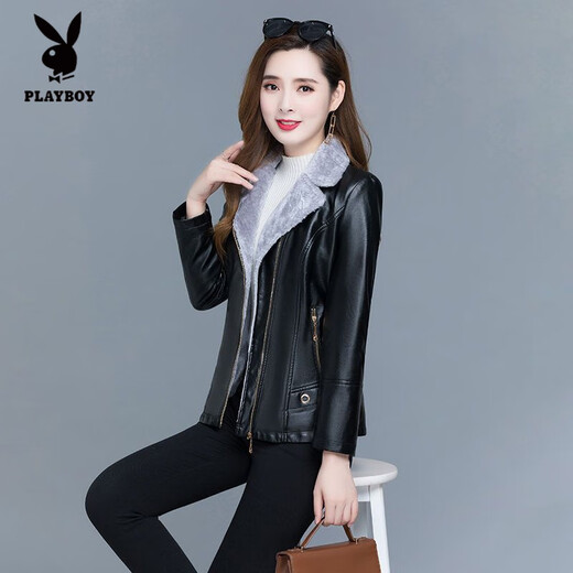 Playboy (PLAYBOY) leather jacket women's velvet thickening short Korean version slim and slim 2025 autumn and winter new fur all-in-one mother's wear Ruiyan black short velvet thickened 7XL 145-160Jin Jin equals 0.5 kg