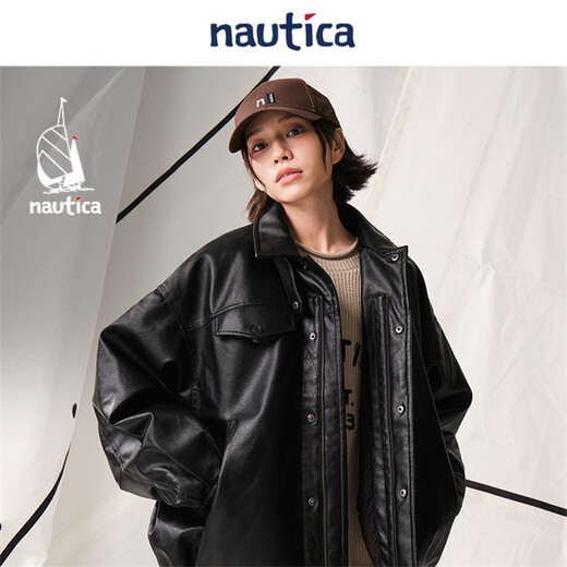 Nautica white sail star same style white sail CityBoy unisex Japanese loose O-type retro imitation leather jacket JW5402 black 0TB L