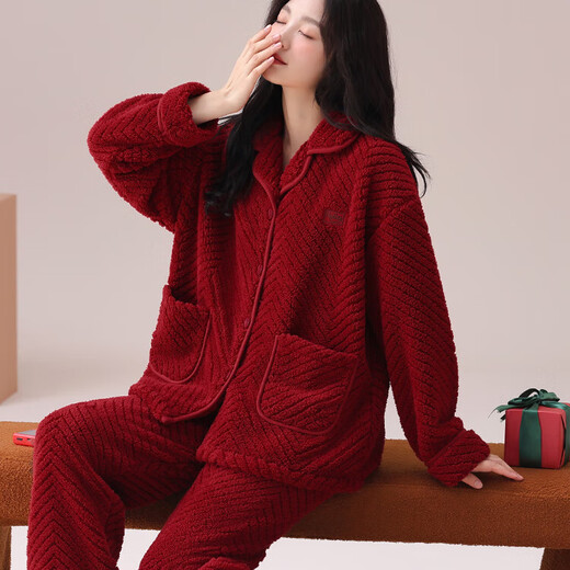 Modal Light Luxury Red Pajamas Wedding Couple Wear Couple Women Autumn and Winter Coral Velvet Newly Married Men's Flannel Birth Year Men's Flannel 8803 L Women's Style Suitable for 100-120 Jin Jin equals 0.5 kg