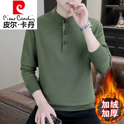 Pierre Cardin Chinese style sweatshirt men's Henry collar spring autumn winter 2025 new velvet thick long-sleeved T-shirt men's base layer autumn W5878 white velvet XL