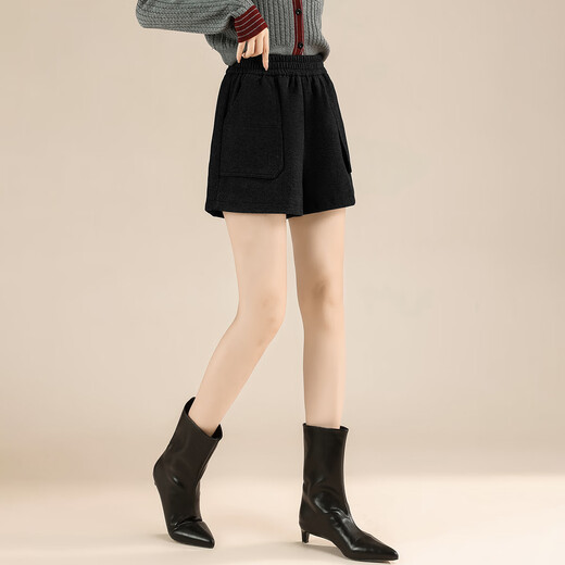 TERRE BLEUE High Waisted Woolen Shorts Retro Style 2025 Autumn and Winter New Women's Elastic Waist Suit Shorts Black M