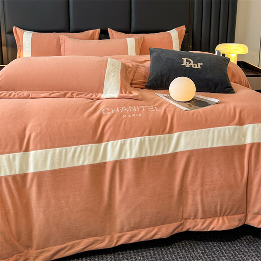 French style baby velvet bed four-piece set winter thickened double-sided baby velvet bed sheet quilt cover winter new product Mansha-Emma Orange bed sheet 1.5m quilt cover 200*230