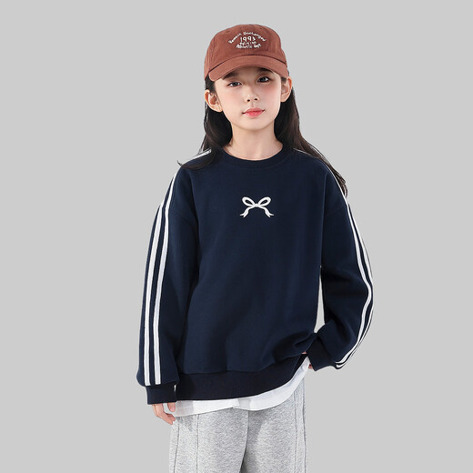 Tutu Little Elephant Children's Clothes Girls' Sweaters 2025 New Children's Autumn and Winter Thickened Warm Winter Clothes with Velvet Lined Versatile Solid Color Sweater Navy Blue 140 Height About 140cm