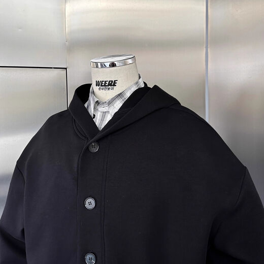 Selected vintage 350g air layer henley collar loose hooded sweatshirt for men black black S