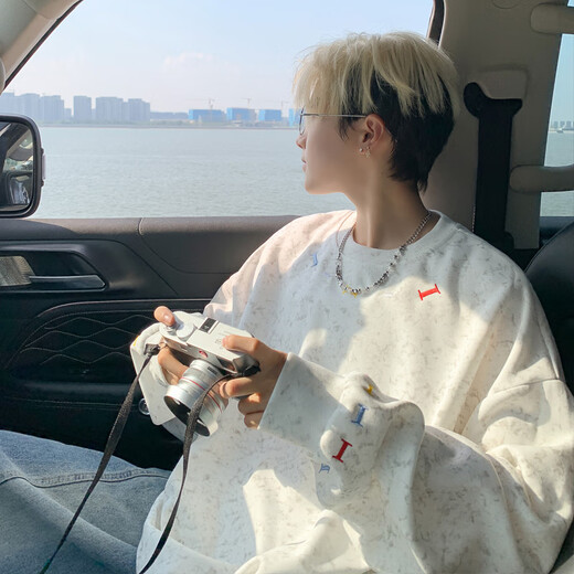 Dingfengbaoluo lazy style round neck sweatshirt design embroidered loose casual couple long-sleeved top BW36 white XL