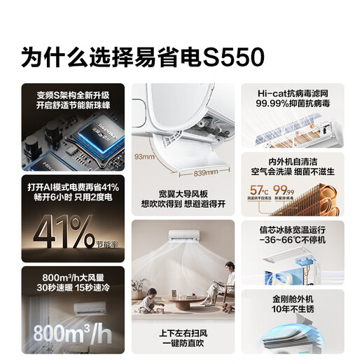 Hisense Air Conditioner Easy Power Saving S550 Large 1.5 hp AI saves 41% power Large guide plate prevents direct blowing Anti-bacterial and anti-viral Pure copper tube hang-up Level 1 energy efficiency KFR-35GW/S550-X1