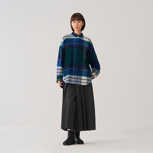 MUJI Women's Flannel Shirt Collar Wide Long Sleeve Shirt Women's Plaid Shirt Jacket 25 Winter Women's Green Plaid S (155/80A)