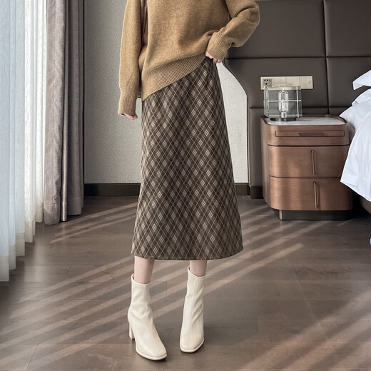 Awakening Paradise Winter Hip Skirt High Waist Slim Versatile Retro Plaid A-Line Woolen Skirt Women Green Plaid L