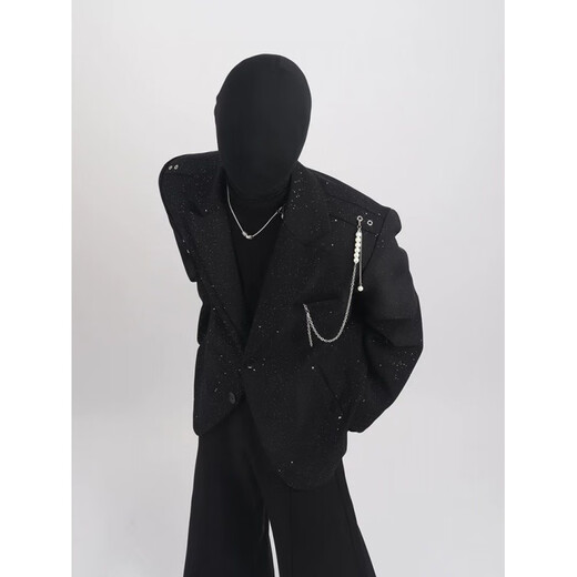 An Chuxia black high-end design light luxury starry sky suit jacket men's niche pearl hanging chain trendy three-piece set three-piece set black + black long sleeves + black trousers XL