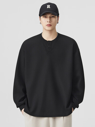 Duken heavyweight waffle sweatshirt men's spring and autumn 2025 high-end American loose Henry collar bottoming shirt long-sleeved light gray soft and skin-friendly/not easy to pilling S (recommended 110Jin Jin equal to less than 0.5 kg)