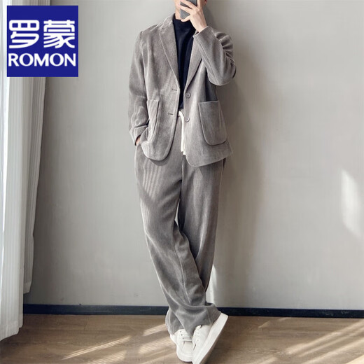 ROMON Hong Kong style light familiar corduroy drape suit suit men's jacket casual loose striped high-end two-piece suit gray 2XL