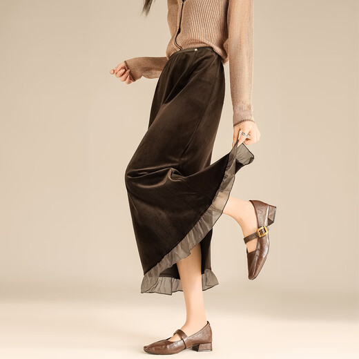 TERRE BLEUE Lazy style velvet cover-up skirt 25 autumn and winter new women's solid color high-waist slim mid-length skirt