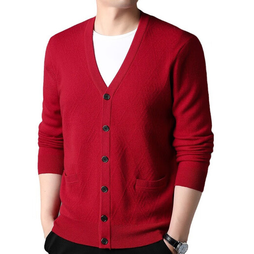 Jacquard knitted cardigan thickened 100% pure wool sweater men's outer pocket style autumn and winter woolen sweater bright red XL 115