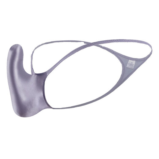 Glossy and sexy men's thong with convex upturned pocket underwear, shiny and silky tight low-waisted thin-strap T-pants, titanium gray XL