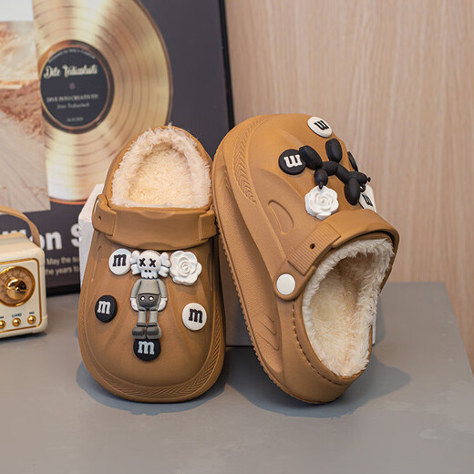 Children's removable clogs with velvet lining and plush cotton cover can replace removable and washable warm slippers with fur lining, coffee color 38.5 (suitable for feet 38-39)