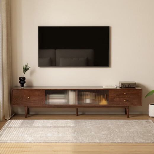 Genji Muyu solid wood TV cabinet modern living room oak home storage cabinet walnut color glass sliding door TV cabinet 2.0 meters
