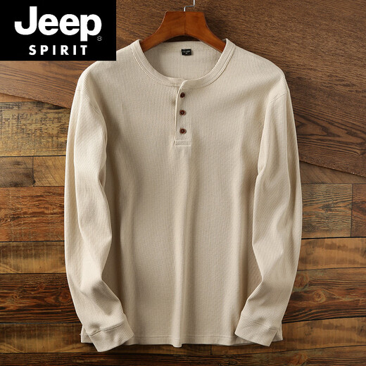 JEEP SPIRIT Jeep waffle Henry collar men's solid color loose knitted collar button-down shirt casual spring and autumn long-sleeved new product light gray XS (100-115Jin Jin equals 0.5kg)