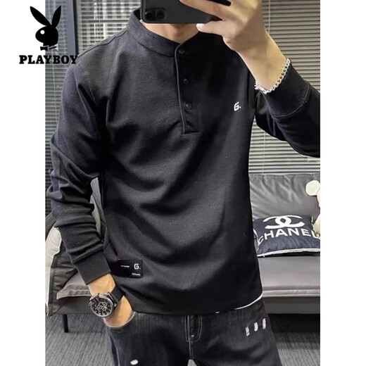Playboy (PLAYBOY) Henry collar sweatshirt men's spring and autumn style embroidered trendy casual T-shirt long-sleeved bottoming shirt loose men's inner top black regular M