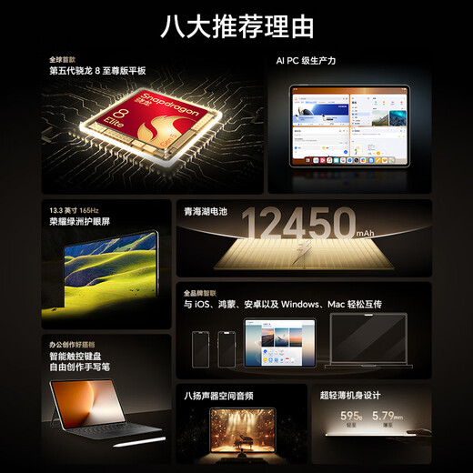 Планшет Honor MagicPad3 Pro с диагональю 13,3 дюйма, чипом Snapdragon 8 Extreme Edition пятого поколения, сверхвысокой частотой обновления 165 Гц, защитой глаз, серое звездное небо, 16 ГБ + 512 ГБ