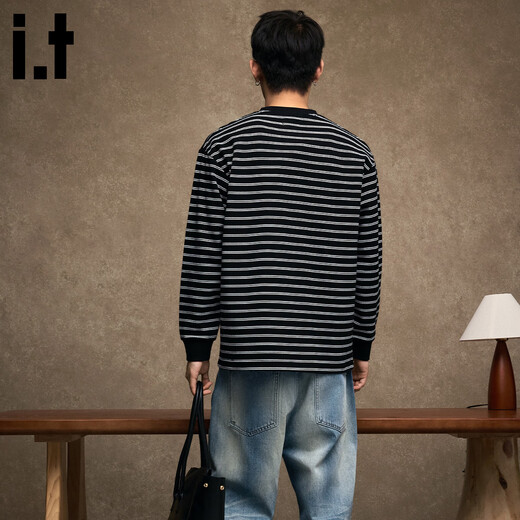 Izzue it Hong Kong trendy brand striped sweatshirt men's spring and autumn American retro contrast color Henry collar long-sleeved bottoming shirt black official authentic L
