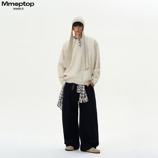 MMOPTOP retro atmosphere knitted sweater autumn and winter men's sheep wool design Henry collar sweater MMY19 oatmeal gray L