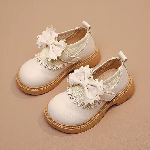 Bangboshi Girls' Small Leather Shoes Princess Shoes 2026 Four Seasons New British Style Girls' Versatile Soft Sole Performance and School Wear Single Shoes Bow-Off-White Size 28 Inner Length 17.4cm