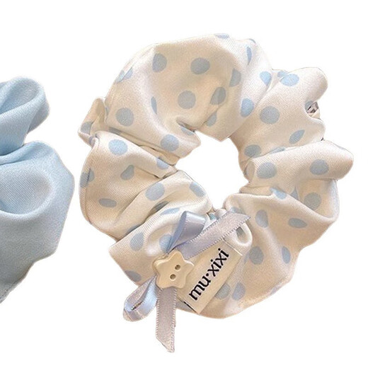 Forest style polka dot bow hair tie for women 2025 new style blue hair tie hair rope flower hair accessory French white polka dot hair ring - 1 piece